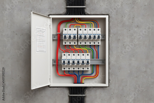 Electrical Panel with Circuit Breakers and Wiring