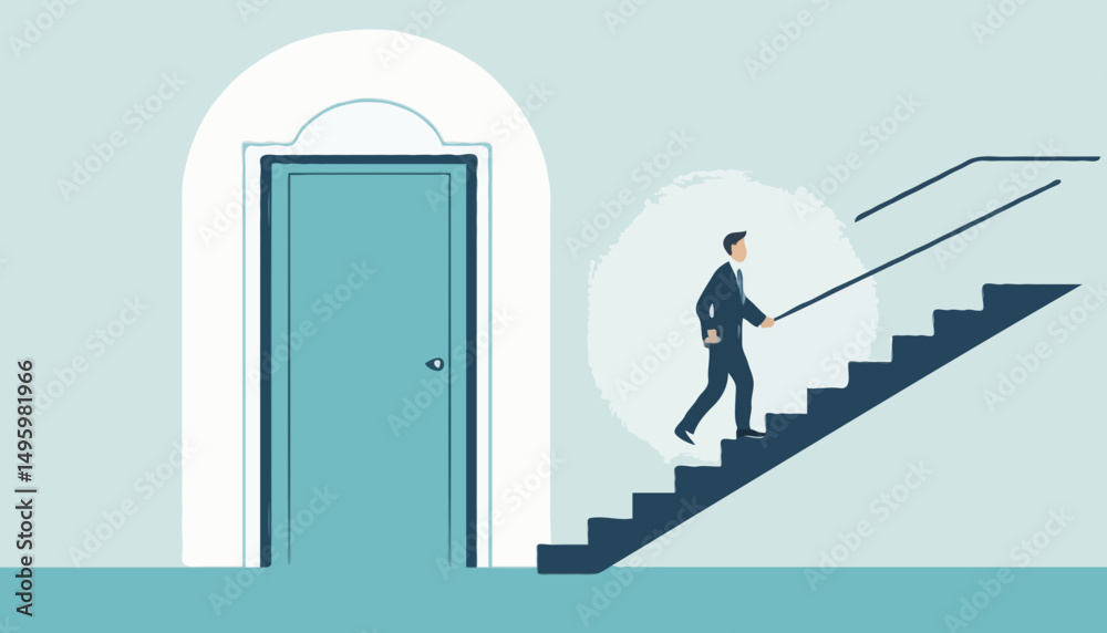 Stairway to new opportunity, success path or open door to career chance, leadership improvement, progress or solving problem concept, businessman open arrow up door to walk up stair to succes