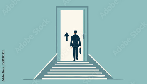 Stairway to new opportunity, success path or open door to career chance, leadership improvement, progress or solving problem concept, businessman open arrow up door to walk up stair to succes