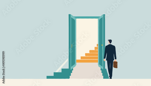 Stairway to new opportunity, success path or open door to career chance, leadership improvement, progress or solving problem concept, businessman open arrow up door to walk up stair to succes