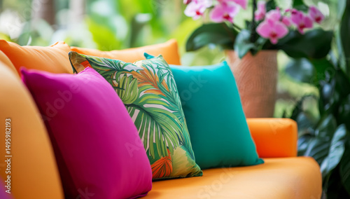 Colorful Throw Pillows and Cozy Sofa Interiors – Modern Home Decor Photography. AI generative.