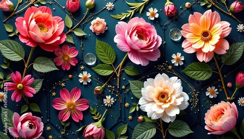 Intricate floral bouquets within hexagons, vibrant hues, modern, colorful, vintage