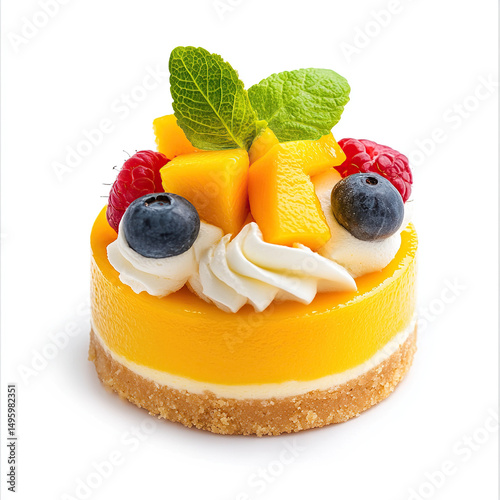 cheescake, mango cheesecake, fruit tart, tropical desser on white background 