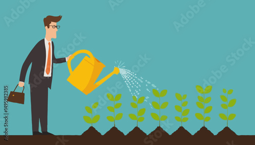 Compound interest growth, savings, investment or wealth accumulation formula, interest rate principal, profit or earning, prosperity concept, businessman watering compound interest seedling growt