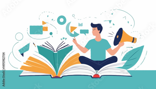 Storytelling communicate brand story or idea to listener, narrative message, content or article writing or advertising creativity concept, young man on opening book telling story on megaphon