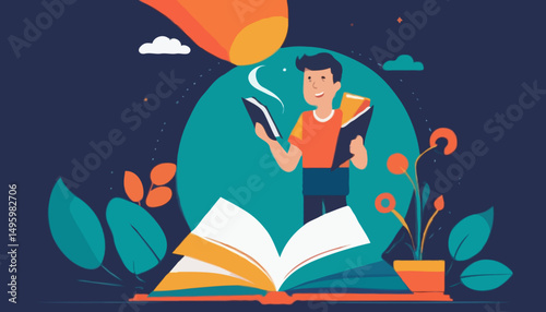 Storytelling communicate brand story or idea to listener, narrative message, content or article writing or advertising creativity concept, young man on opening book telling story on megaphon
