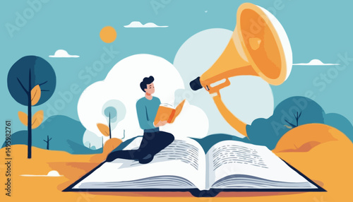 Storytelling communicate brand story or idea to listener, narrative message, content or article writing or advertising creativity concept, young man on opening book telling story on megaphon