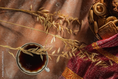 Breakfast on the table. Food and napkin on a dark background. Abstract backdrop