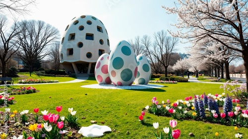Brightly colored Easter eggs shine on the green lawn in the sunshine, shimmering in iridescent patterns
