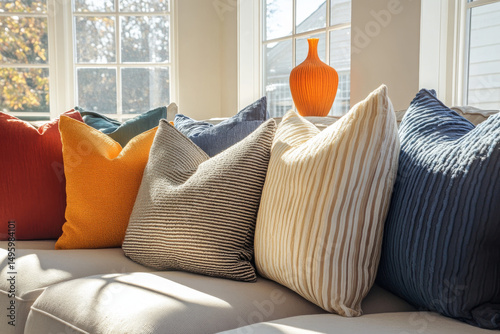 Colorful Throw Pillows and Cozy Sofa Interiors – Modern Home Decor Photography. AI generative.