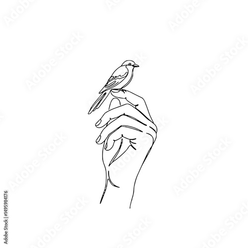 Hand holding a small bird illustration symbolizing freedom and nature concepts