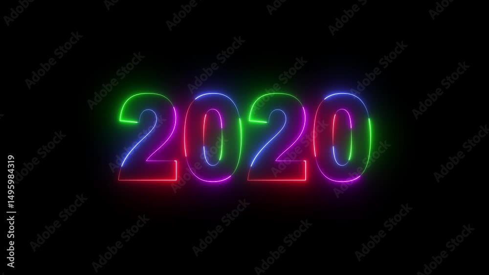 Abstract 2020 neon text animation ,Four rainbow color neon Glowing number text background 4k video. abstract glowing neon text icon 2020 on black background.