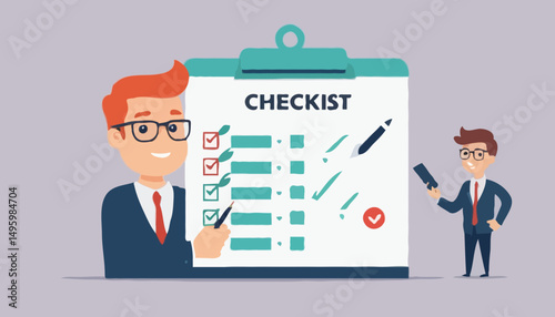 Criteria checklist report, evaluation list, complete checkbox, finish work, to do list or task done, quality assurance control, checkmark concept, businessman put tick on completion checklis