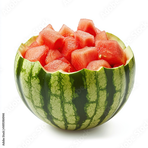watermelon, watermelon bowl, watermelon cubes, fresh fruit on white background 