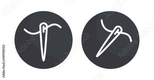 Sewing needle and thread icon. Attribute of tailor, needlework or seamstress. Symbol of sewing, fabric or factory.