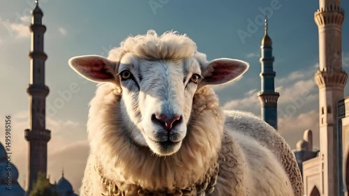 A Sheep in Front of Mosque during Eid al-Adha Celebration