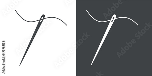 Sewing needle and thread icon. Attribute of tailor, needlework or seamstress. Symbol of sewing, fabric or factory.