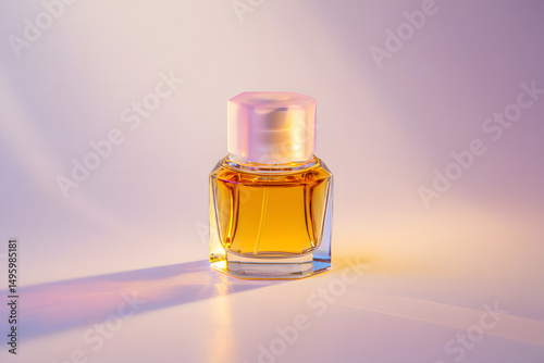 Elegant glass perfume bottle with a delicate flower, isolated on a white background, showcasing its aroma and luxury