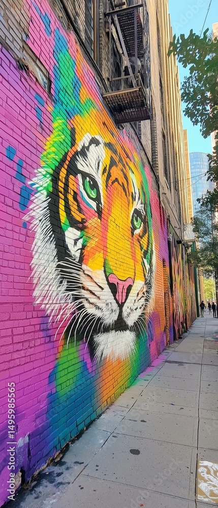 Fototapeta premium Colorful mural on the side of a building. the mural is of a tiger's face painted in bright colors, including orange, yellow, green, blue, and purple.