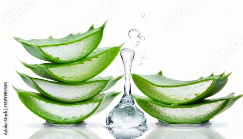 aloe vera slices has water drop and aloe vera plant isolated on white background