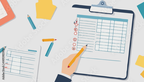 Checklist to complete project task, accomplish work checkmark, todo list clipboard or project status report, plan to finish work concept, business people holding pencil complete task checkbo