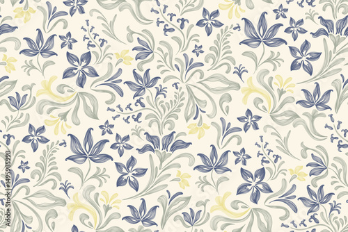 Vintage floral ethnic tapestry modern embroidery texture boho design vector illustration hand drawn silhouette indigo blue flower motif branches leaves wallpaper seamless background border.
