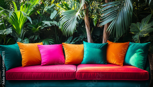 Colorful Throw Pillows and Cozy Sofa Interiors – Modern Home Decor Photography. AI generative.