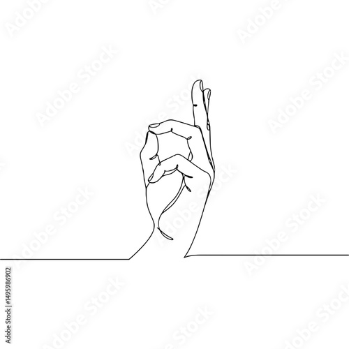 Hand performing a Mudra gesture with fingers crossed in a minimalist line art style

