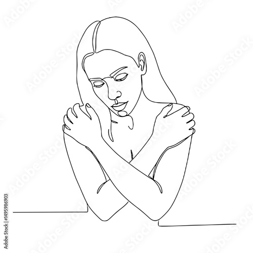 Woman embracing herself illustration symbolizing self-love and compassion concepts
