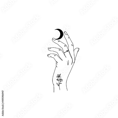Hand reaching for a crescent moon illustration symbolizing dreams and spirituality concepts