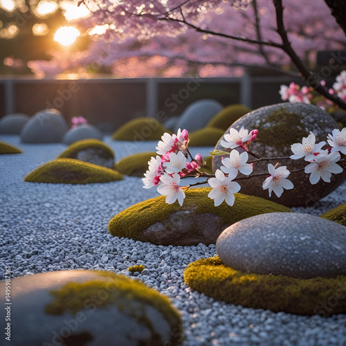 The image depicts Zen garden stones at sunset, surrounded by spring blossoms.