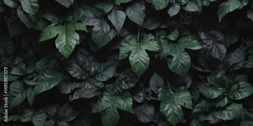 Intensely shaded, overlapping green and black leaves create a moody, abstract botanical pattern ,  black leaf,  abstract