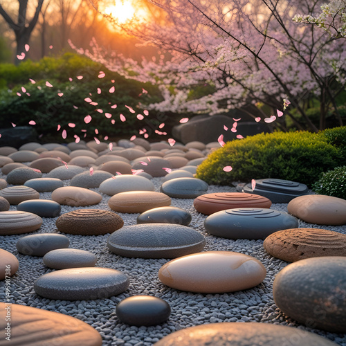 The image depicts Zen garden stones at sunset, surrounded by spring blossoms.