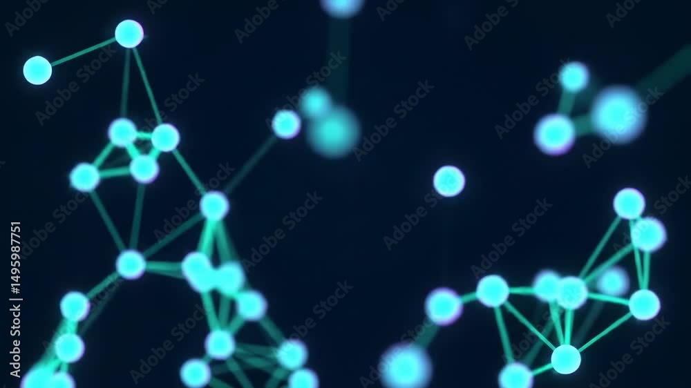 Abstract blue particles connect in network structure. Digital data flow, technology concept, scientific research or futuristic interface visualization footage.