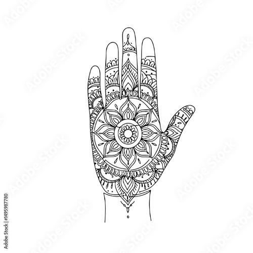Decorative hand with intricate mandala patterns in a minimalist line art style