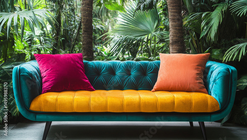Colorful Throw Pillows and Cozy Sofa Interiors – Modern Home Decor Photography. AI generative.