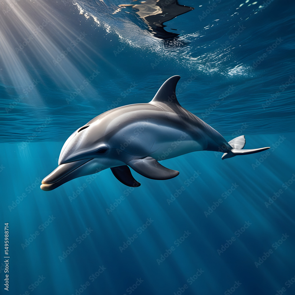 Fototapeta premium Underwater marine life illustration of a blue swimming dolphin in the ocean