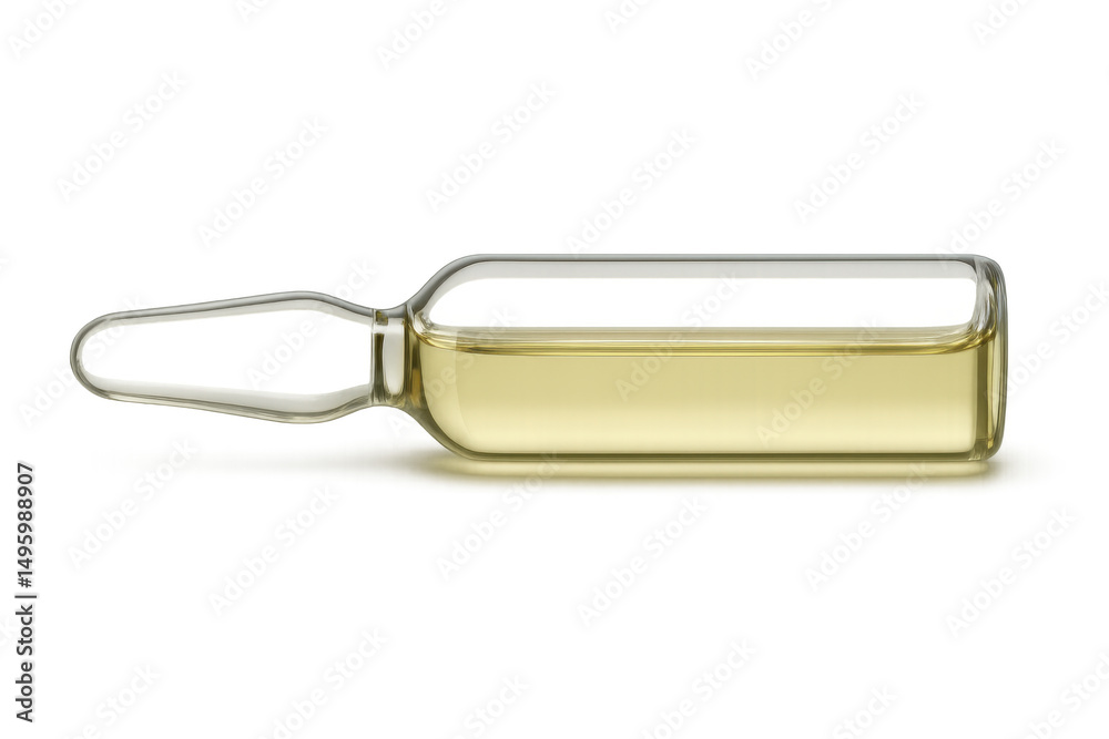 Close-up medical ampoule with yellow pharmaceutical liquid, transparent backdrop highlighting sterile medical research and healthcare laboratory environment Close-up medical ampoule with yellow pharmaceutical liquid, transparent backdrop highlighting sterile medical research and healthcare laboratory environment