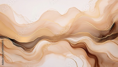 an abstract background with flowing liquid gold lines featuring a soft painting of an earthy landscape with fluid art and shapes in beige tones using alcohol ink technique