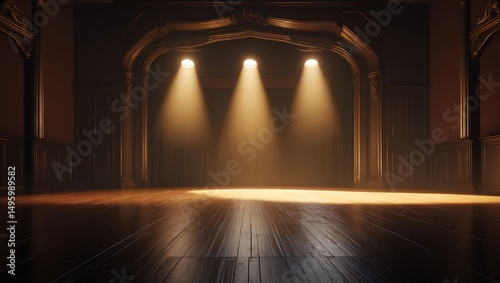 Dramatic Stage Lighting  Empty Wooden Stage with Warm Spotlights