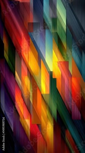 Vibrant abstract composition of diagonal shapes showcasing dynamic colors and movement in a contemporary art style