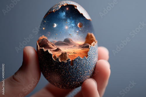 Surreal egg with cosmic landscape in conceptual fantasy style with blue and orange colors representing imagination and creation