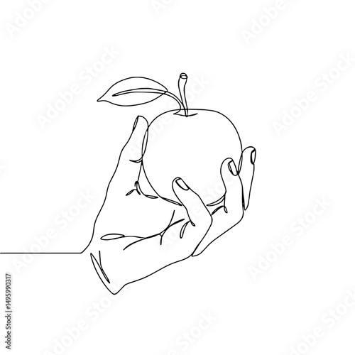 Hand holding an apple with a leaf in a minimalist line art style
