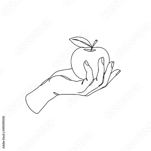 Hand holding an apple with a leaf