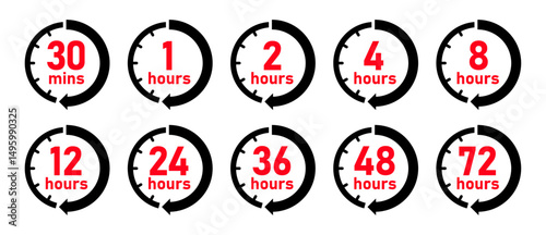Hours timer icon set in black and red color. 1, 2, 4, 8, 12, 24, 36 48, 72 hours timer clock icon vector collection.