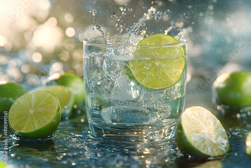 Close-up of a margarita cocktail glass with lime wedges, salt, and a splash of liquid, isolated on a white background showing a refreshing beverage concept. photo