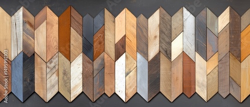 A collection of wooden planks arranged in a zigzag pattern, showcasing various shades and textures.
