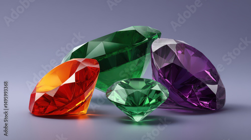 Colorful gemstones, including a red diamond, green emeralds, and a purple amethyst, are placed together on a flat surface, displaying clarity and precision.