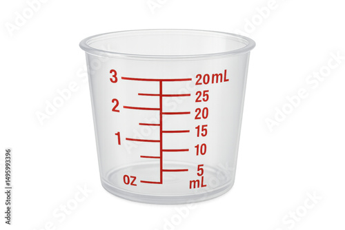 Transparent graduated plastic measuring cup showing milliliters and ounces, resting against clean white background, supporting medical precision