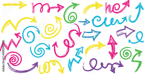Pastel colored pencil arrow sketches - hand drawn doodle swirls, pointers, curves. Artistic chalk scribbles, chaotic strokes grunge design elements set.